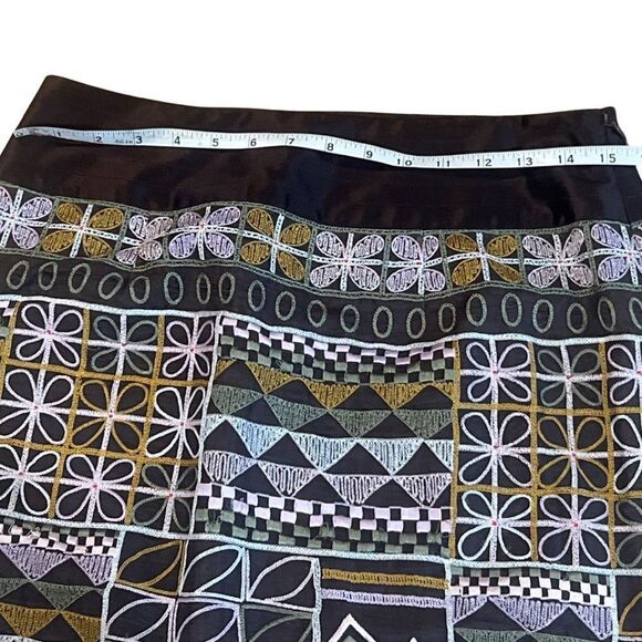 Etcetera Italian Brown Embroidered 100% Silk Geometric Pattern Womens skirt 6 - Picture 7 of 9